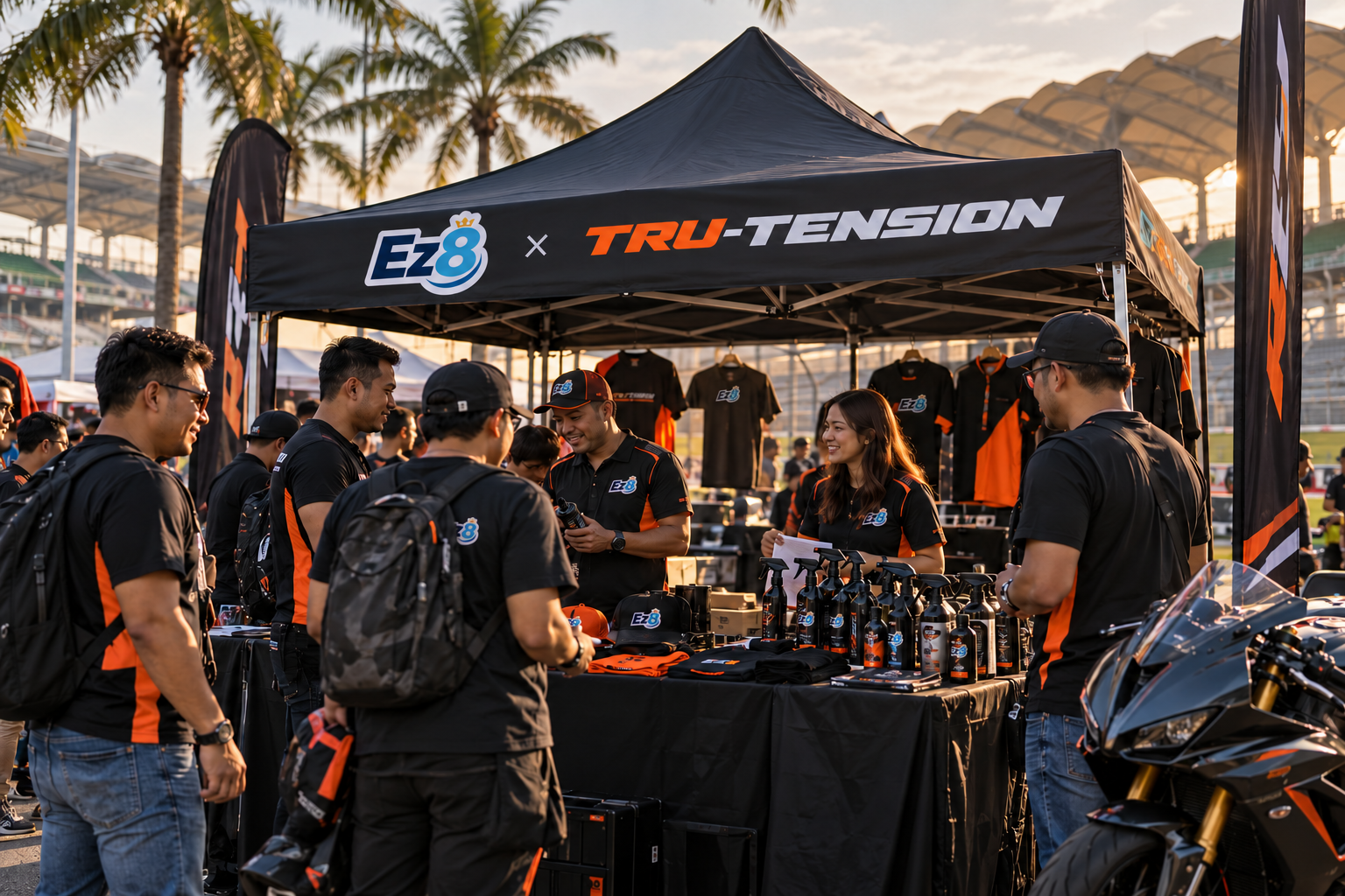 Fan booth concept at Sepang featuring the supplied EZ8 logo alongside Tru-Tension branding