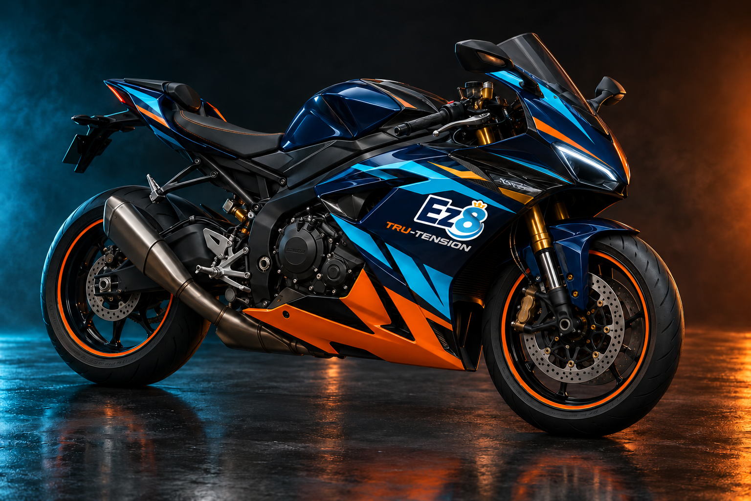Concept motorcycle featuring the supplied EZ8 logo and Tru-Tension collaboration livery; final giveaway bike to be revealed